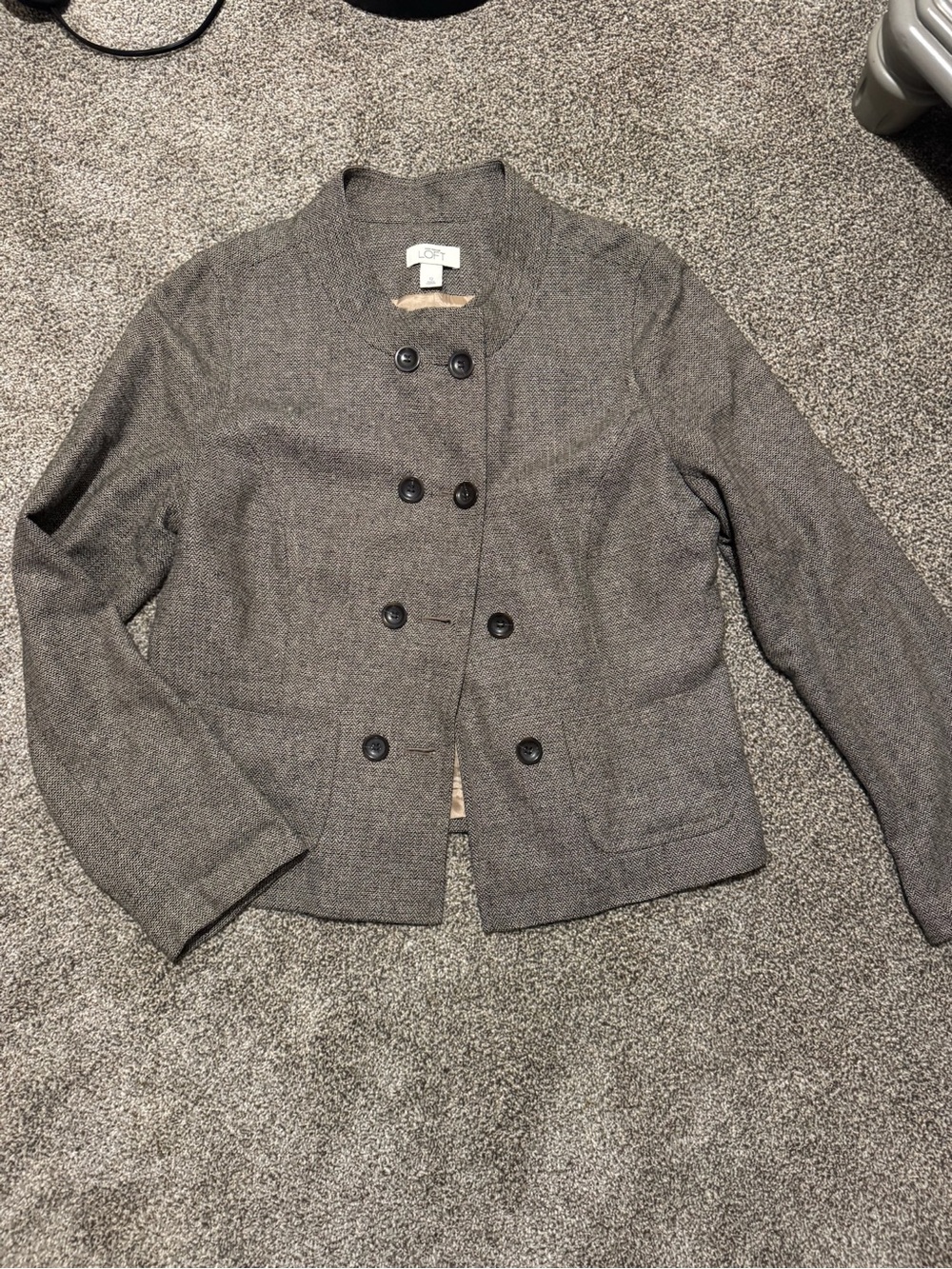 LOFT Gray Herringbone Double-Breasted Blazer